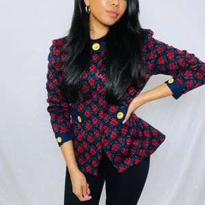 Vintage Leslie Fay | Navy Floral Button Up Tailored Fit Knit Cardigan EUR38